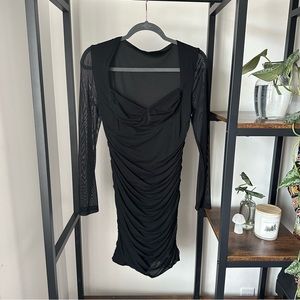 Shein Black Mesh Long Sleeve Ruched Dress